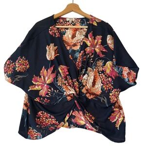 UMGEE Women Medium Navy Floral Twist Front Kimono Sleeve Top Oversized Bloomcore